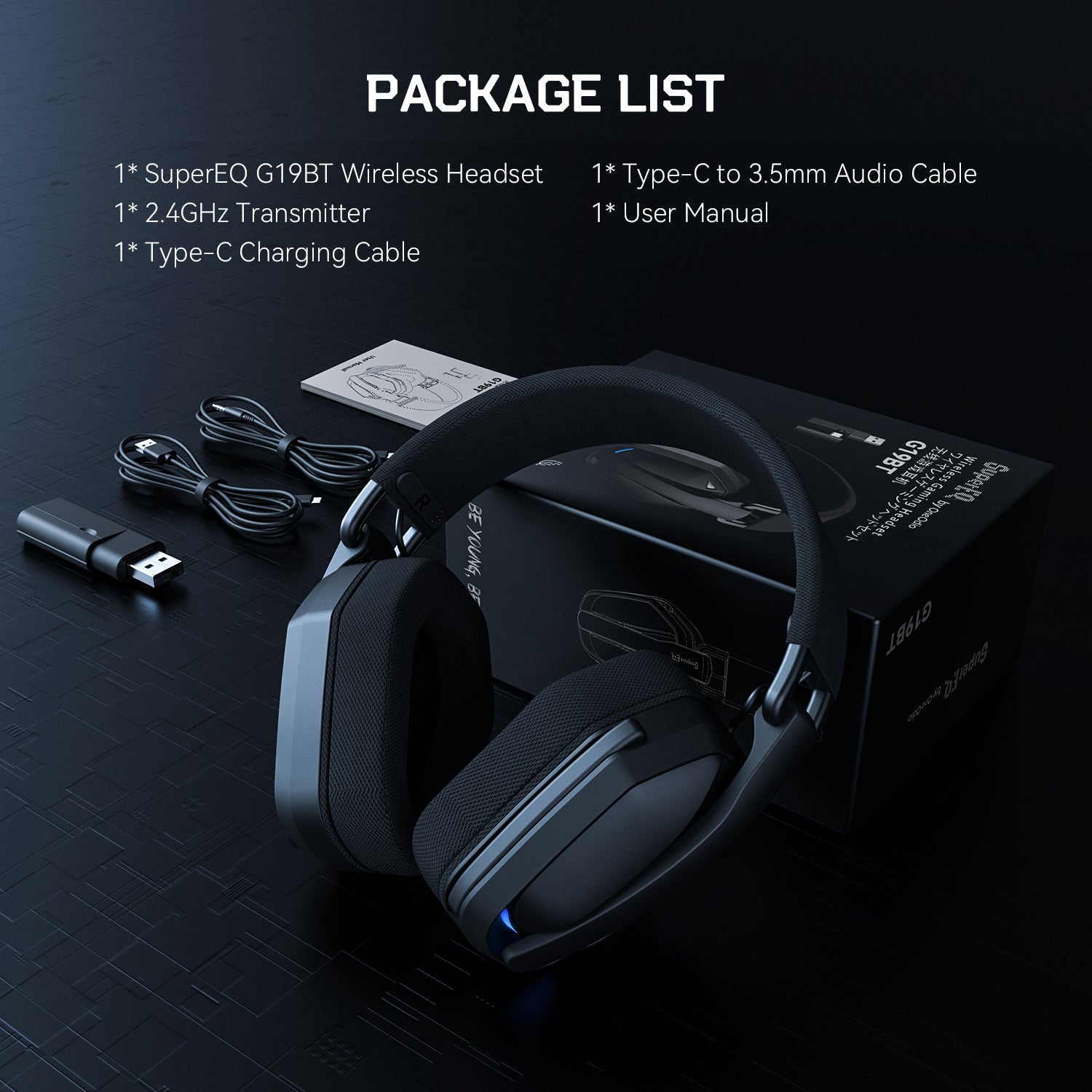 SuperEQ G19BT 2.4G Wireless RGB Gaming Headset with Mic USB /type C Transmitter Over-Ear Headphones for PS5/PS4/PC /phone